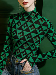Bronzing Contrast Color Long Sleeves Skinny High Neck T-Shirts Tops