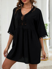 Hollow Solid Color Tasseled Half Sleeves Loose V-Neck Mini Dresses Cover-Up