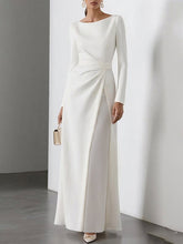 High Waisted Long Sleeves Gauze Pleated Solid Color Split-Joint Round-Neck Maxi Dresses