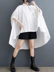 Asymmetric Buttoned Pleated Solid Color Three-Dimensional Flower Batwing Sleeves Half Sleeves Lapel Blouses&Shirts Tops