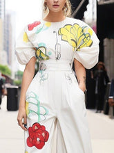 Half Sleeves Puff Sleeves Flower Print Pleated Round-Neck Blouses&Shirts Tops