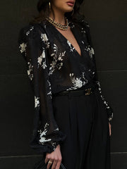 Gauze Jacquard Lace-Up Pleated See-Through Loose Puff Sleeves V-Neck Blouses&Shirts Tops