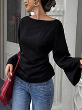 Solid Color Split-Joint Tied Waist Elasticated Waist Flared Sleeves Round-Neck T-Shirts Tops