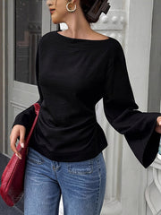 Solid Color Split-Joint Tied Waist Elasticated Waist Flared Sleeves Round-Neck T-Shirts Tops