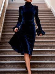 Bodycon Elasticated Waist Solid Color High Neck Midi Dresses