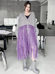 Buttoned Contrast Color Mesh Pleated Ribs Split-Joint High-Low Irregularity Collarless Outerwear Cardigan Tops