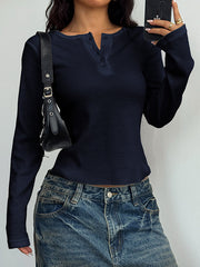 Buttoned Solid Color Long Sleeves Skinny Round-neck Blouses&shirts Tops