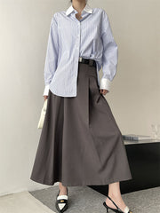 Pleated Split-Joint Striped Irregular Clipping Lapel Blouses
