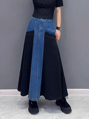 Buttoned Contrast Color Split-Joint A-Line Loose Denim Skirts Bottoms