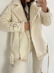 Buckle Keep Warm Pockets Split-Joint Velvet Zipper Long Sleeves Loose Notched Collar Outerwear