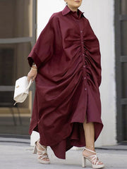 Pleated Solid Color Split-Joint Split-Side High-Low Long Sleeves Lapel Shirt Dress Maxi Dresses