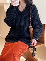 Hollow Solid Color Long Sleeves Loose V-Neck Sweater Tops Pullovers