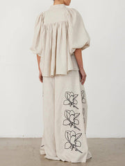 Pleated Printed Split-Joint Loose Puff Sleeves Lapel Blouses&Shirts Tops