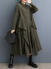 Buttoned Pockets Ruffle Trim Solid Color A-Line Long Sleeves Lapel Midi Dresses
