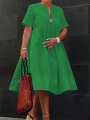 Solid Color Loose Short Sleeves Deep V-Neck Midi Dresses