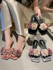 Flower Shape Open Toe Split-Joint Square-Toe Slippers&Mules