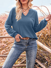 Pockets Solid Color Long Sleeves Loose V-Neck T-Shirts Tops