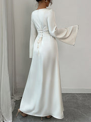 Solid Color Tied Zipper A-Line Flared Sleeves Round-Neck Maxi Dresses