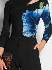 Flower Print Hollow Split-Joint Long Sleeves Skinny High Neck T-Shirts Tops