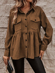 Buttoned Pleated Pockets Solid Color Split-Joint A-Line Long Sleeves Lapel Outerwear