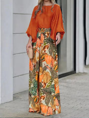 Long Sleeves Loose High-Waisted Leaves Print Pockets Round-Neck Casual T-Shirts& Wide-leg Pants Suits