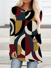 Contrast Color Printed High-Low Long Sleeves Round-Neck T-Shirts Tops