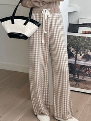 Drawstring Elasticity Plaid High Waisted Loose Trousers Pants