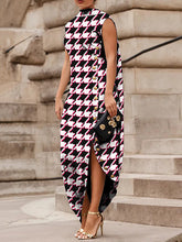 Asymmetric Buttoned Houndstooth Split-Joint Split-Side Loose Sleeveless Shawl Collar Maxi Dresses