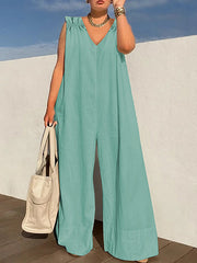 Pleated Solid Color Zipper Loose Sleeveless V-Neck Jumpsuits