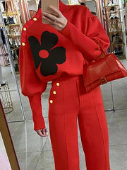 Buttoned Flower Print Split-Joint Long Sleeves Loose High Neck Sweatshirt Tops