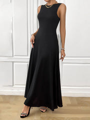 Backless Solid Color Tied A-Line Loose Round-Neck Maxi Dresses