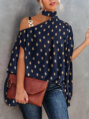 Asymmetric Chains Leaves Print Batwing Sleeves Loose Asymmetric Collar T-Shirts Tops