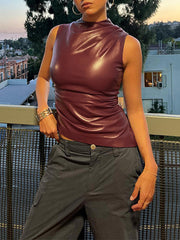 Asymmetric Pleated Solid Color Skinny Sleeveless Mock Neck Vest Top