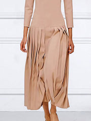 Pleated Solid Color Split-Joint A-Line Long Sleeves Round-Neck Maxi Dresses