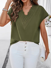Embroidered Hollow Solid Color Split-Joint Loose Raglan Sleeve V-Neck T-Shirts Tops
