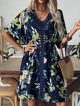 Flower Print Hollow Loose Short Sleeves V-Neck Mini Dresses Cover-Up