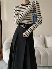 Contrast Color Striped Long Sleeves Skinny Round-Neck T-Shirts Tops