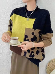 Contrast Color Leopard Split-Joint Long Sleeves Loose Round-Neck Sweater Tops Pullovers