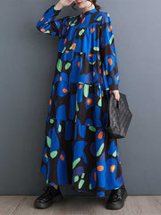 Buttoned Pleated Printed Split-Joint A-Line Long Sleeves Round-Neck Midi Dresses