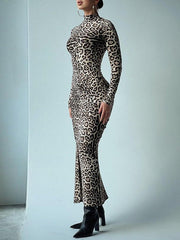 Leopard Pleated Printed Split-Front Bodycon Long Sleeves High Neck Maxi Dresses
