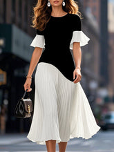 Flared Sleeves Half Sleeves Pleated Split-Joint Round-Neck Midi Dresses