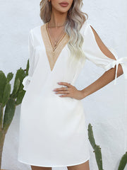 Hollow Split-Joint Half Sleeves Loose V-Neck Mini Dresses