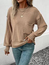 Pockets Solid Color Split-Joint Long Sleeves Loose Round-Neck Sweater Tops Pullovers