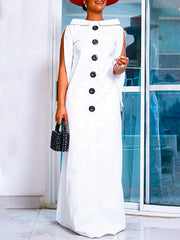 Buttoned Loose Sleeveless Boat Neck Maxi Dresses