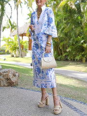 Flower Print Split-Joint Split-side Flared Sleeves Loose Deep V-Neck Midi Dresses