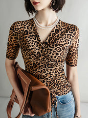 Leopard Pleated Half Sleeves Skinny V-Neck T-Shirts Tops