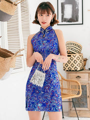 Original Floral Printed Stand Collar Sleeveless Short Cheongsams