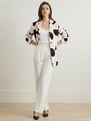 Buttoned Contrast Color Cow Printed Split-Joint Long Sleeves Loose Notched Collar Outerwear Blazer