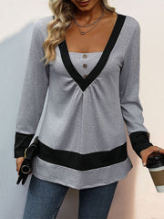 Buttoned Contrast Color Pleated Split-Joint Long Sleeves Loose V-Neck T-Shirts Tops
