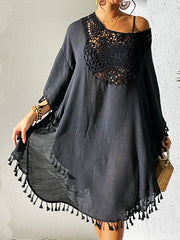 Hollow Solid Color Sun Protection Tasseled Batwing Sleeves Loose Round-Neck Midi Dresses Cover-Ups Tops